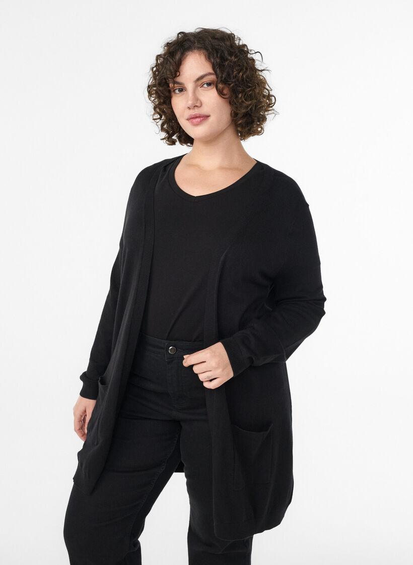 Lang strikkecardigan i viskoseblanding, Svart, Model image number 0