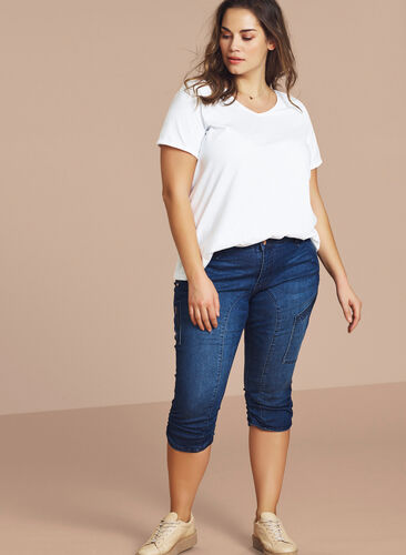 Slim fit caprijeans med lommer, Dark blue denim, Model image number 1