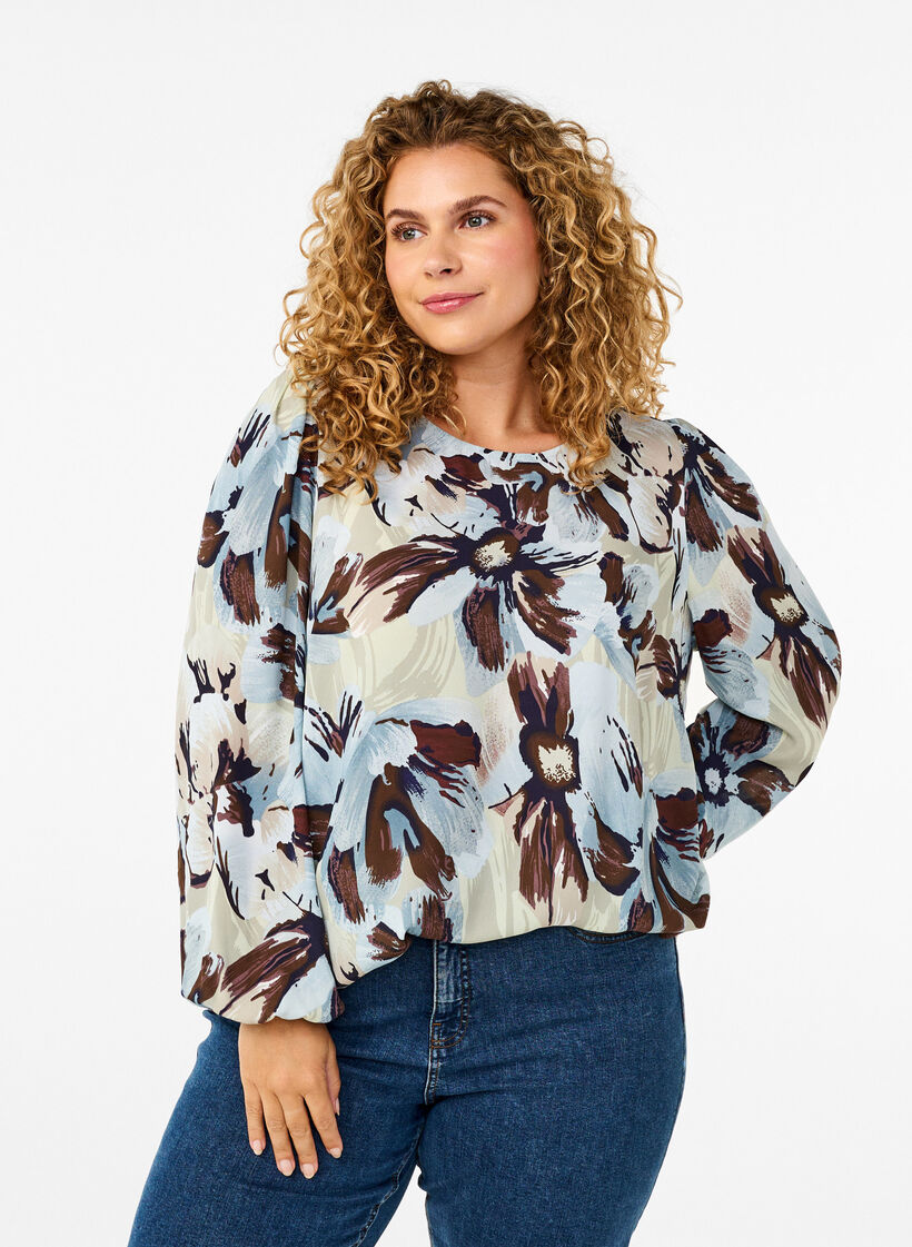 Langermet bluse med trykk og knapp, Grey Flower AOP, Model image number 0