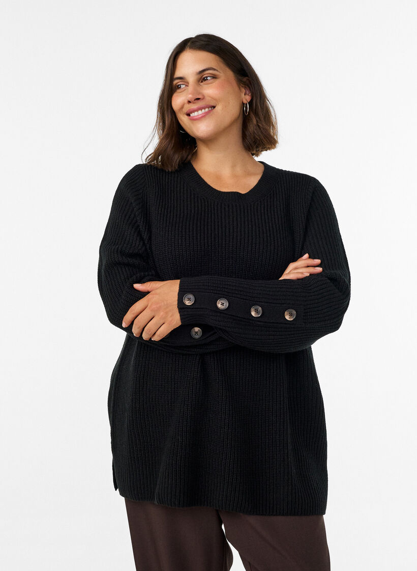 Strikket bluse med ribbestruktur og knappdetaljer, Svart, Model image number 0