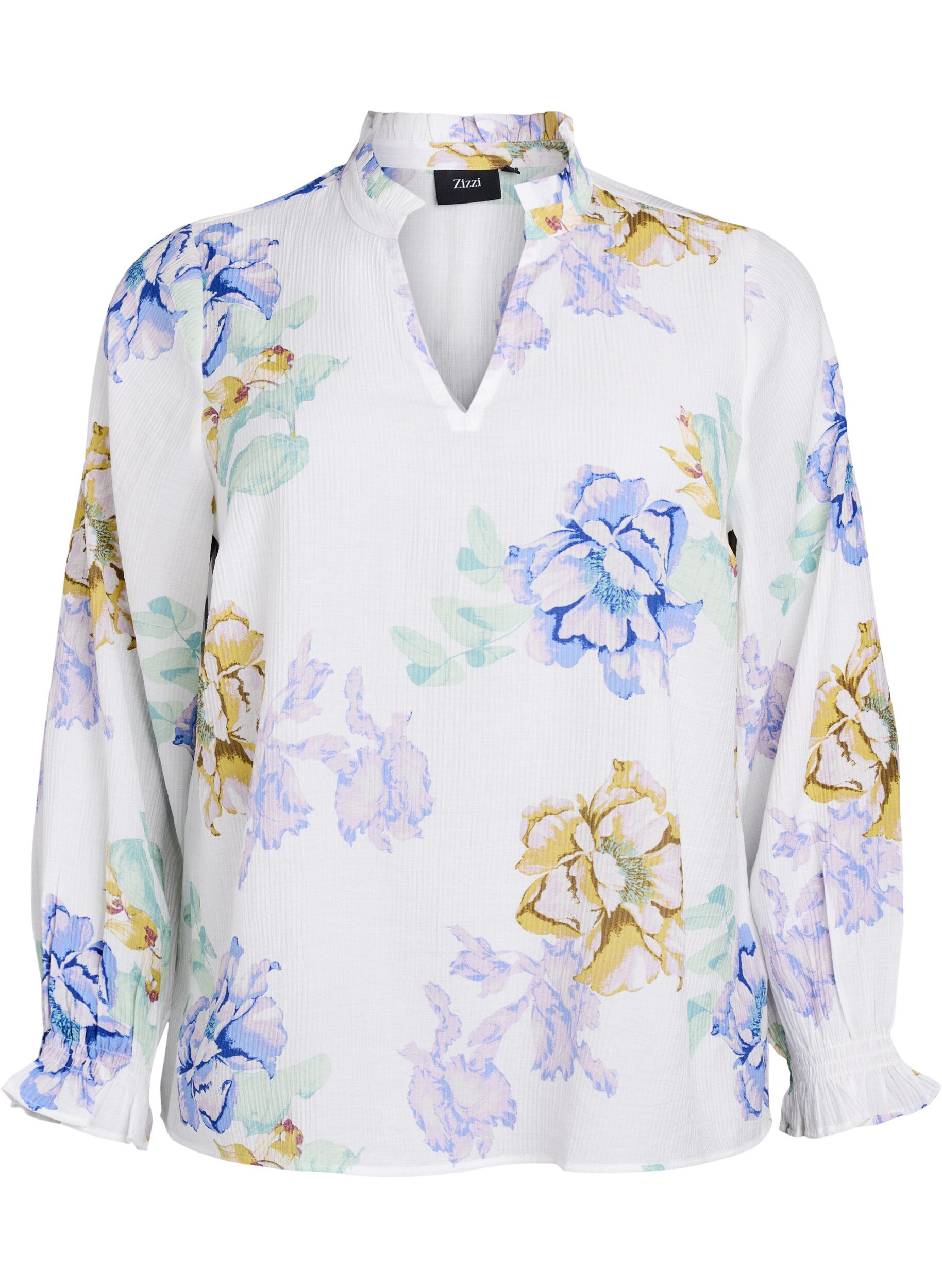 Plissert bluse med lange ermer og blomstertrykk