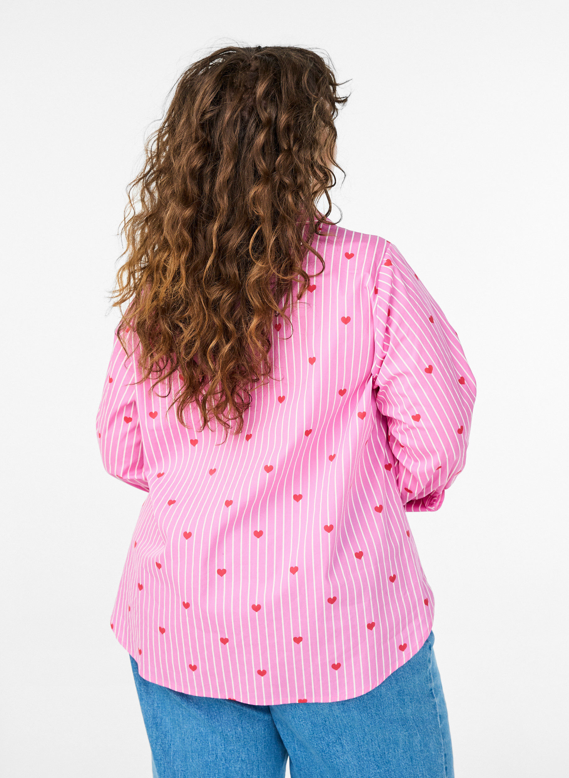 Zizzi Skjortebluse med striper og hjerter, Rosa, Model image number 2
