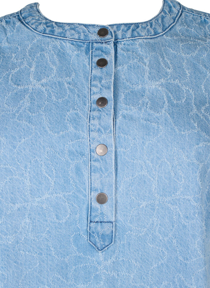 Kort denimkjole med A-linje-snitt og blomster mønster, Blå, Packshot image number 2