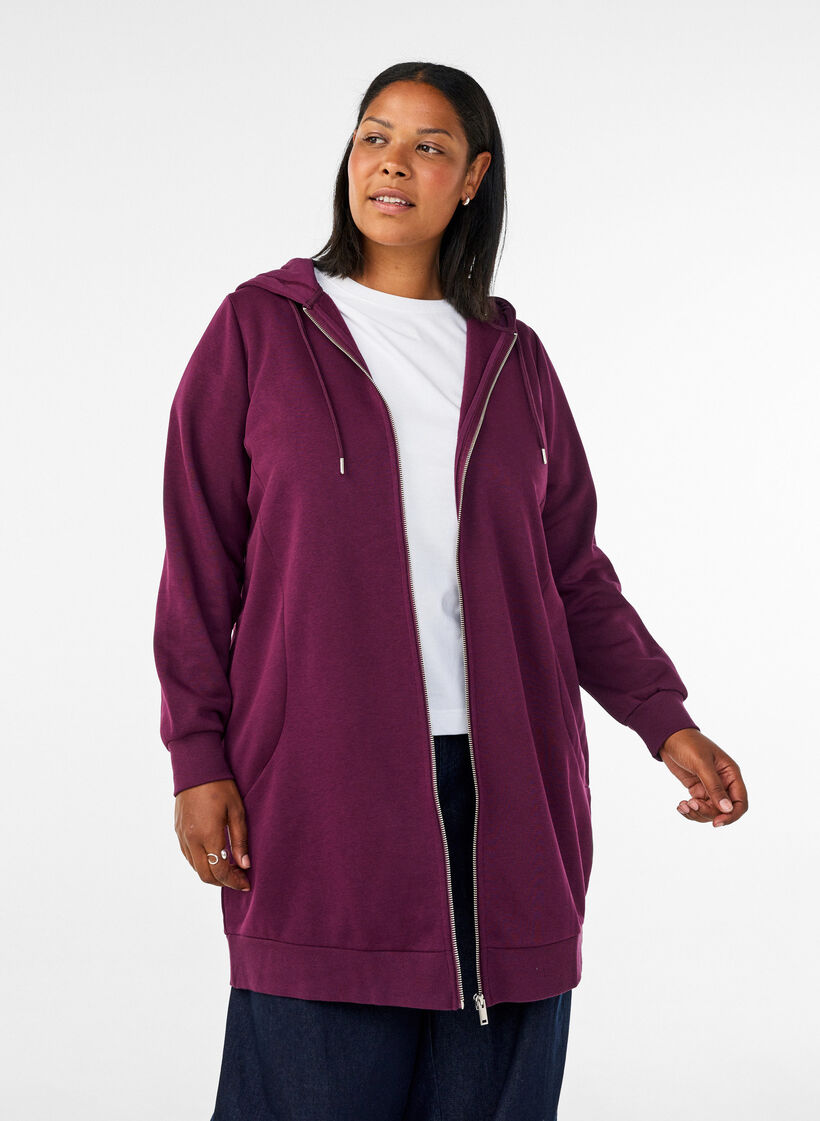 Lang hettegenser med glidel&aring;s og lommer, Lilla, Model image number 0