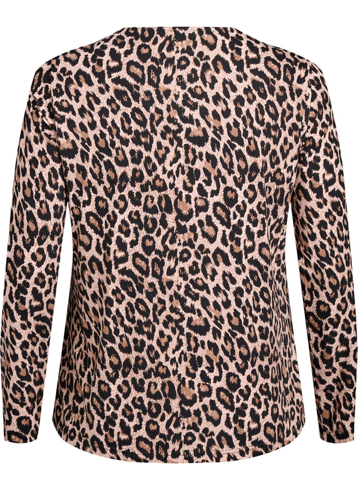 Langermet bluse med leopardmønster, Brun, Packshot image number 1