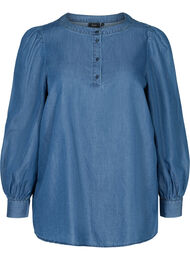 Bluse med lange puffermer og knapper, Blue denim