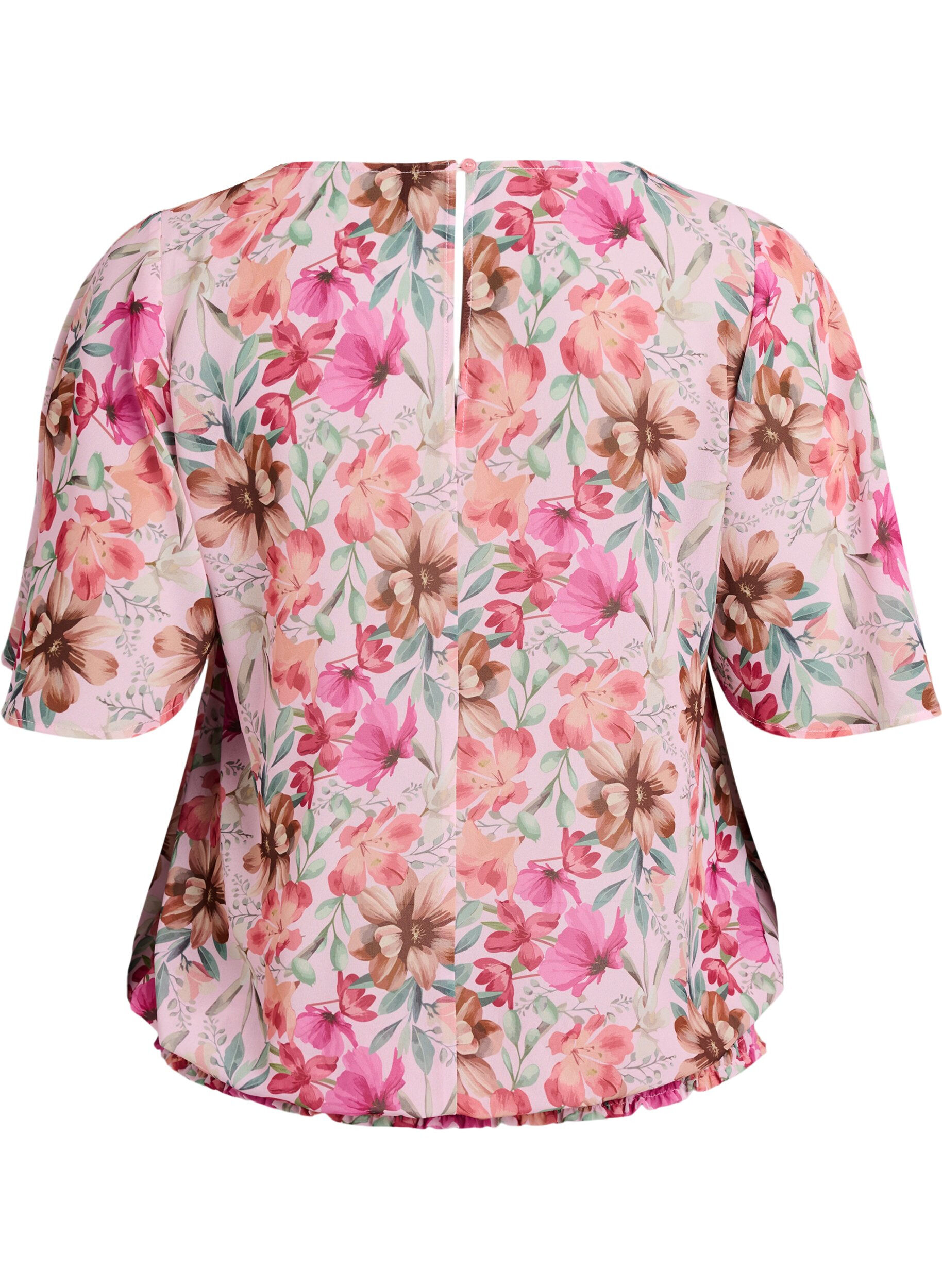 Zizzi Bluse med blomstertrykk, korte ermer og smocking, Rosa, Packshot image number 1
