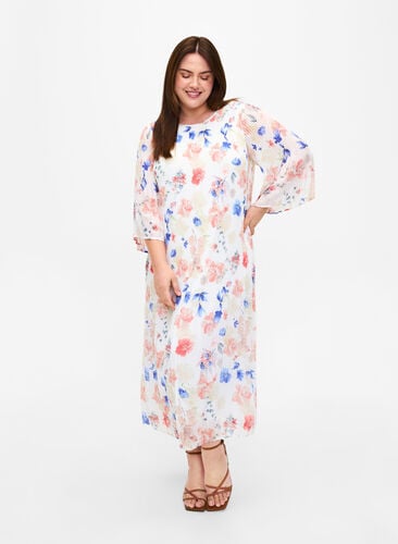Blomstret plissert kjole med løpesnor, White/Blue Floral, Model image number 0