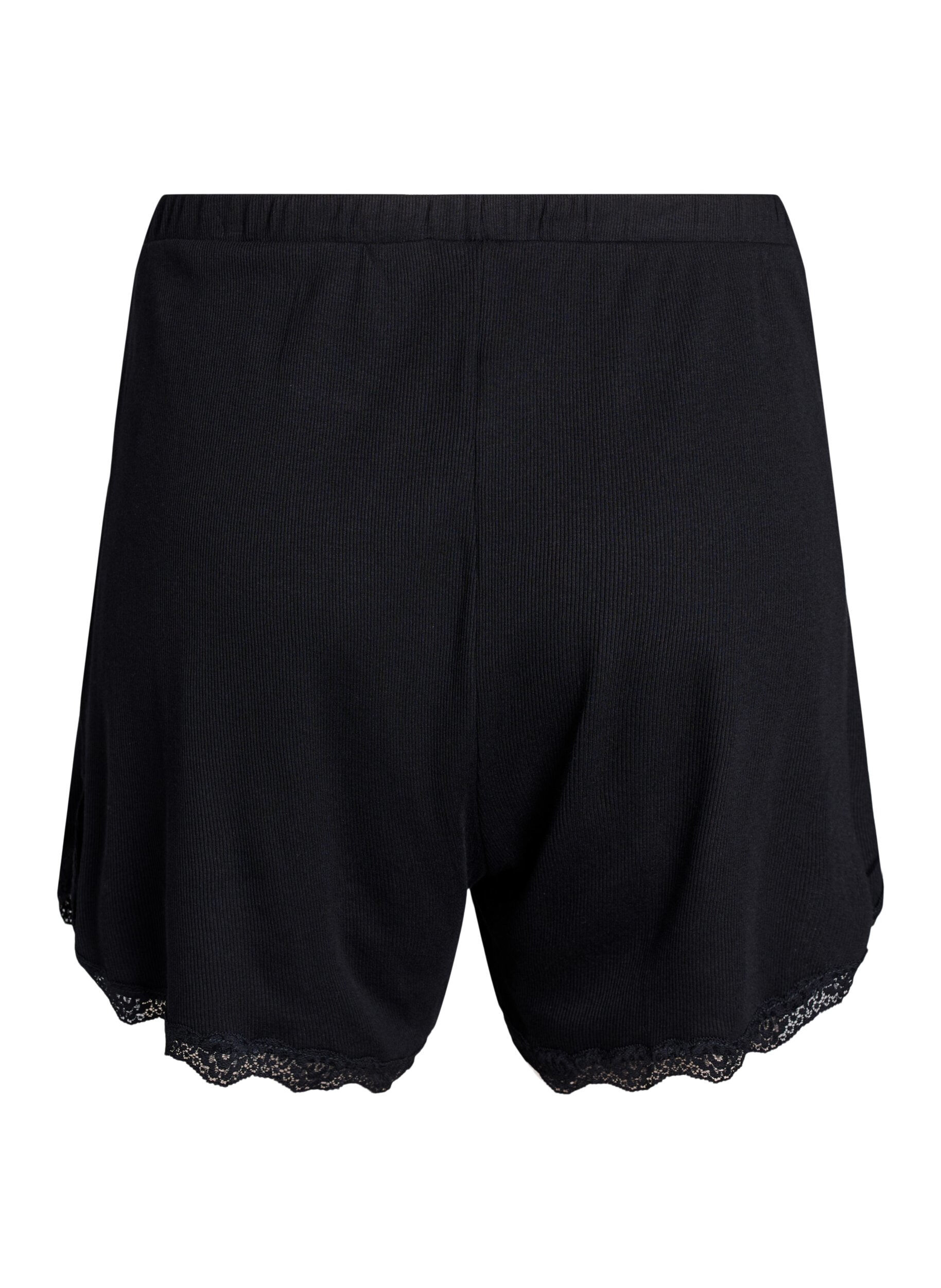 Zizzi L&oslash;se nattshorts med ribbestruktur og blonderkant, Svart, Packshot image number 1