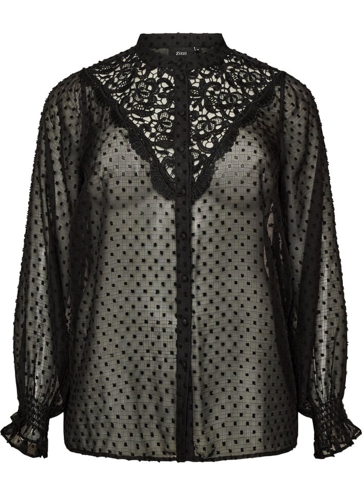Skjortebluse med blondeinnlegg og prikkem&oslash;nster, Svart, Packshot image number 0