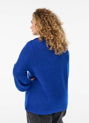 Zizzi Ribbestrikket genser med puffede ermer og knapper, Blå, Model image number 2