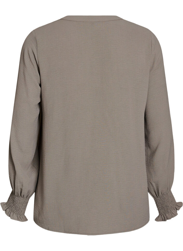 Bluse med smockmansjetter og V-hals, Beige, Packshot image number 1