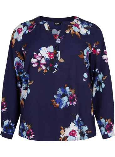 FLASH - Langermet bluse med mønster, Big Blue Flower, Packshot image number 0