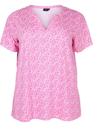 Blomstrete bomulls T-skjorte med V-hals, Shocking Pink AOP, Packshot image number 0