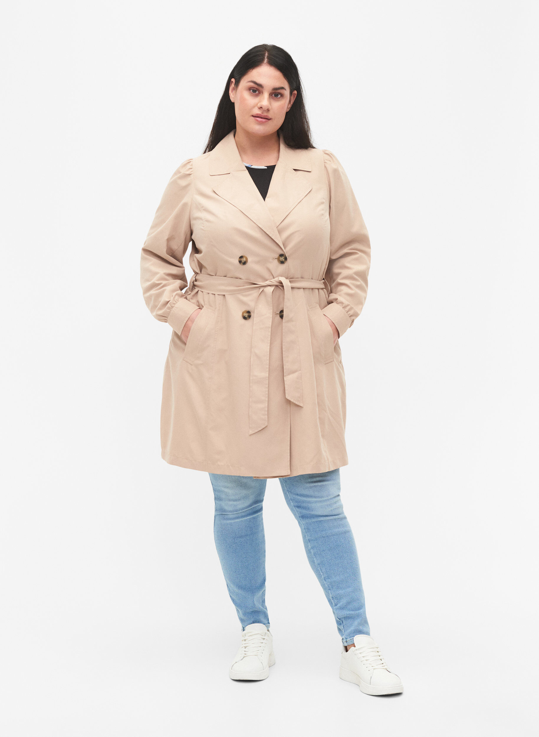 Zizzi Trenchcoat med belte og lommer, Nomad, Model image number 2