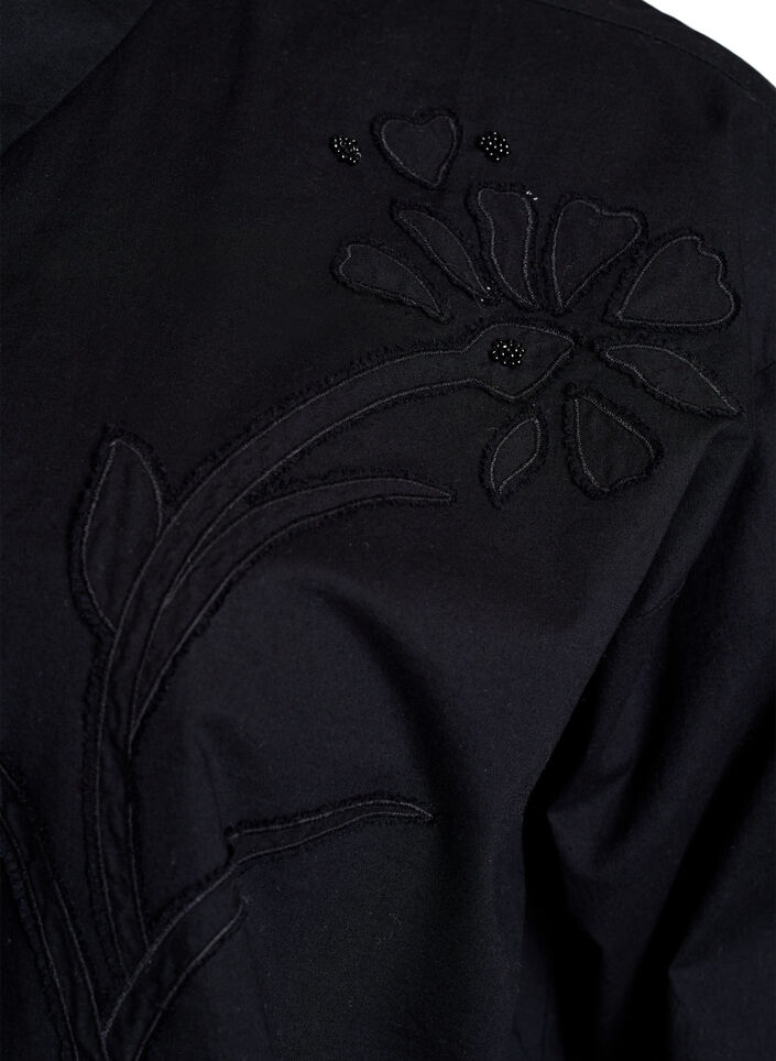 Bomullsskjorte med tone-på-tone blomsterbroderi, Black, Packshot