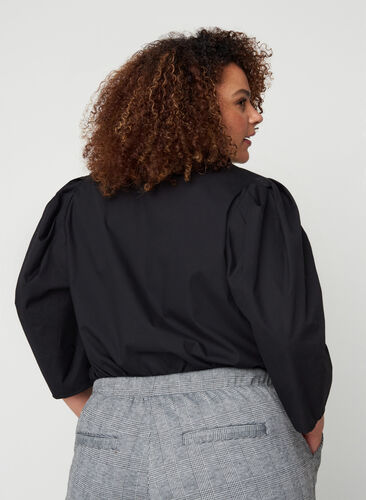 Bomullsskjorte med 3/4-puffermer, Black, Model image number 1