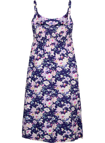 Blomstrete kjole med stropper i viskose med smock, Blue Flower, Packshot image number 1