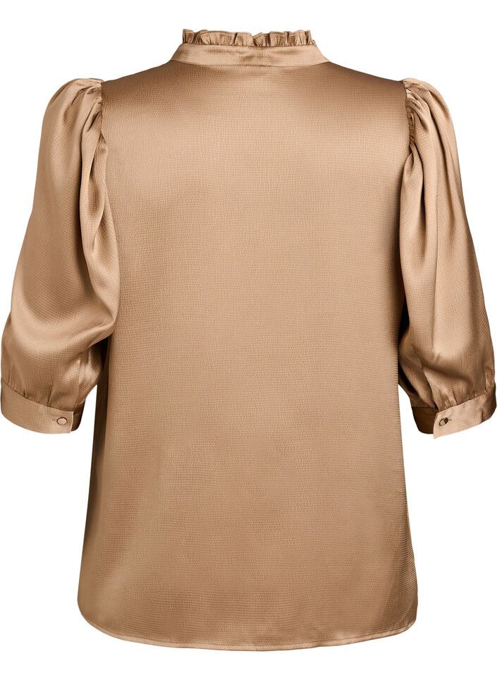 Bluse med satenglook, 1/2-ermer og volangkrage, Brun, Packshot image number 1