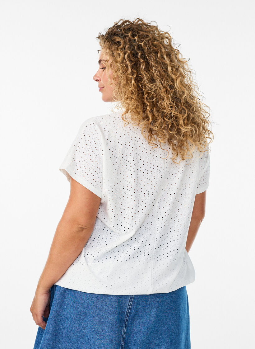 Bluse med hullbroderi og ballongeffekt, Hvit, Model image number 2