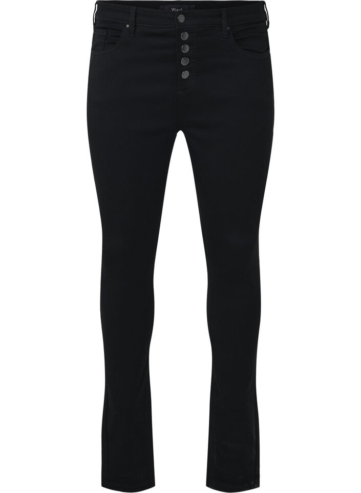 Amy-jeans med høyt liv og knappelukking, Black, Packshot image number 0