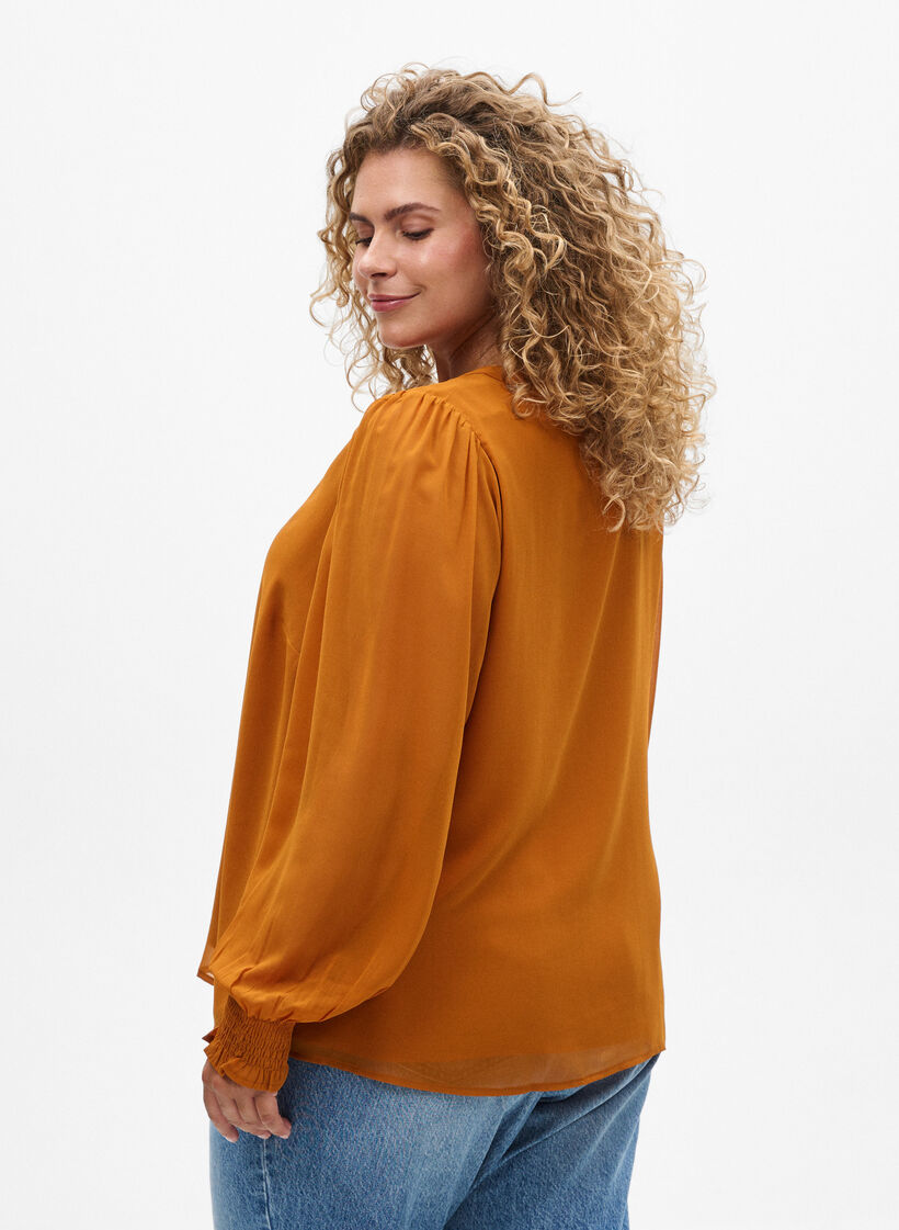 Bluse med gjennomsiktige ermer og smockdetaljer, Pumpkin Spice, Model