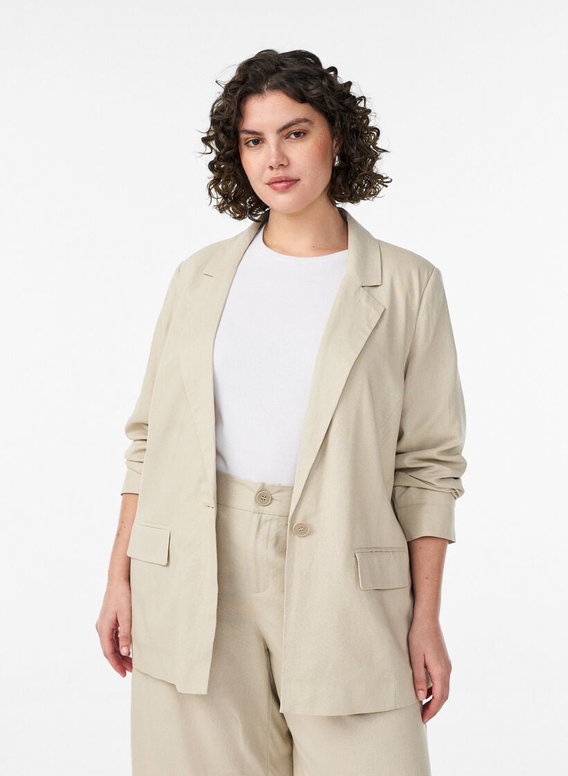 Blazer i lin og viskose med slag og lommer, Beige, Model image number 0
