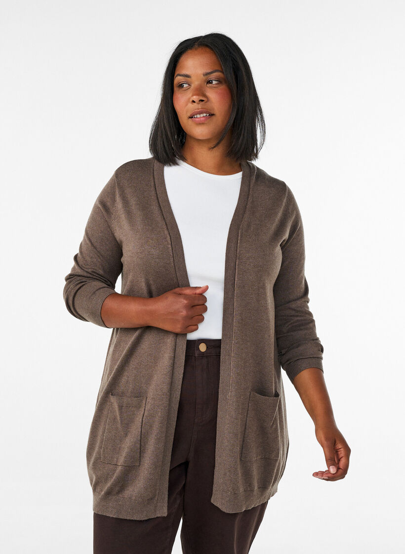 Lang strikkecardigan i viskoseblanding, Brun, Model image number 0