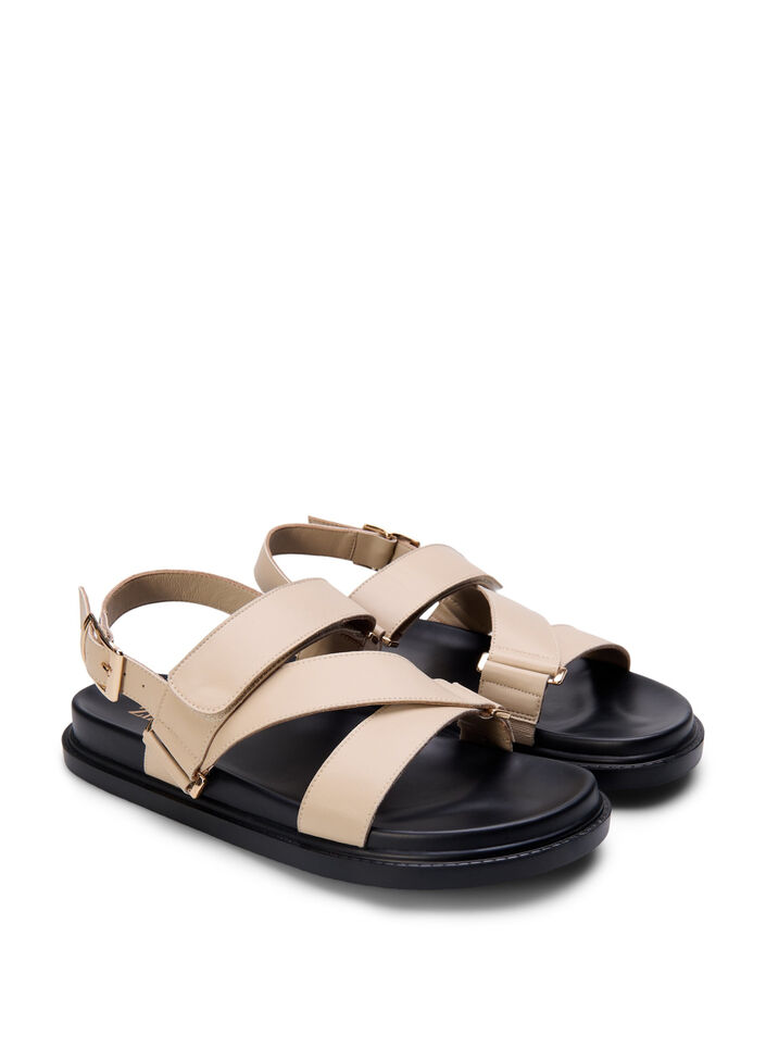 Sandal i skinn med bred passform og justerbare remmer, Beige, Packshot image number 1