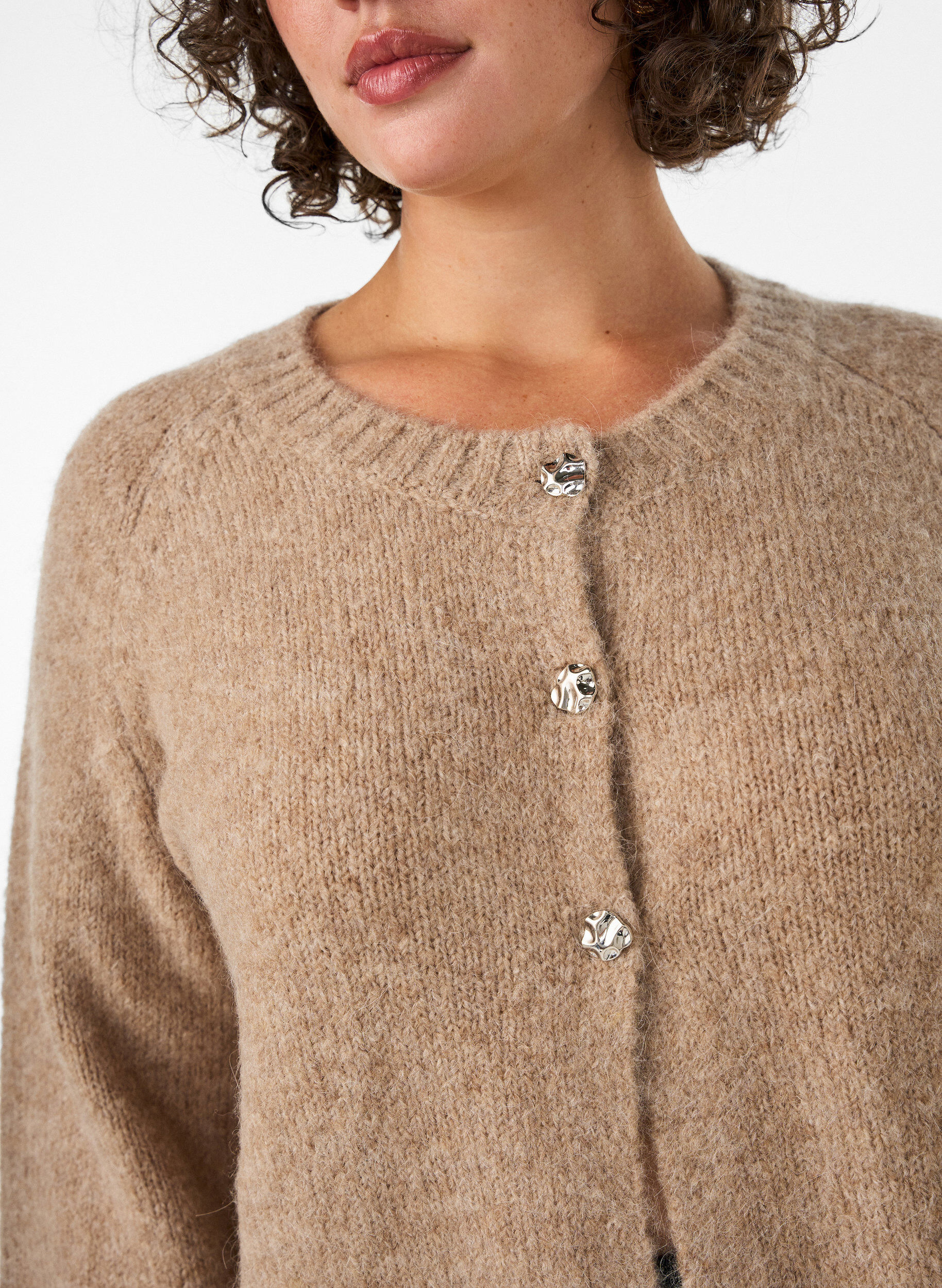 ZizziCardigan i ullblanding med 3/4 ermer, Beige, Model image number 3