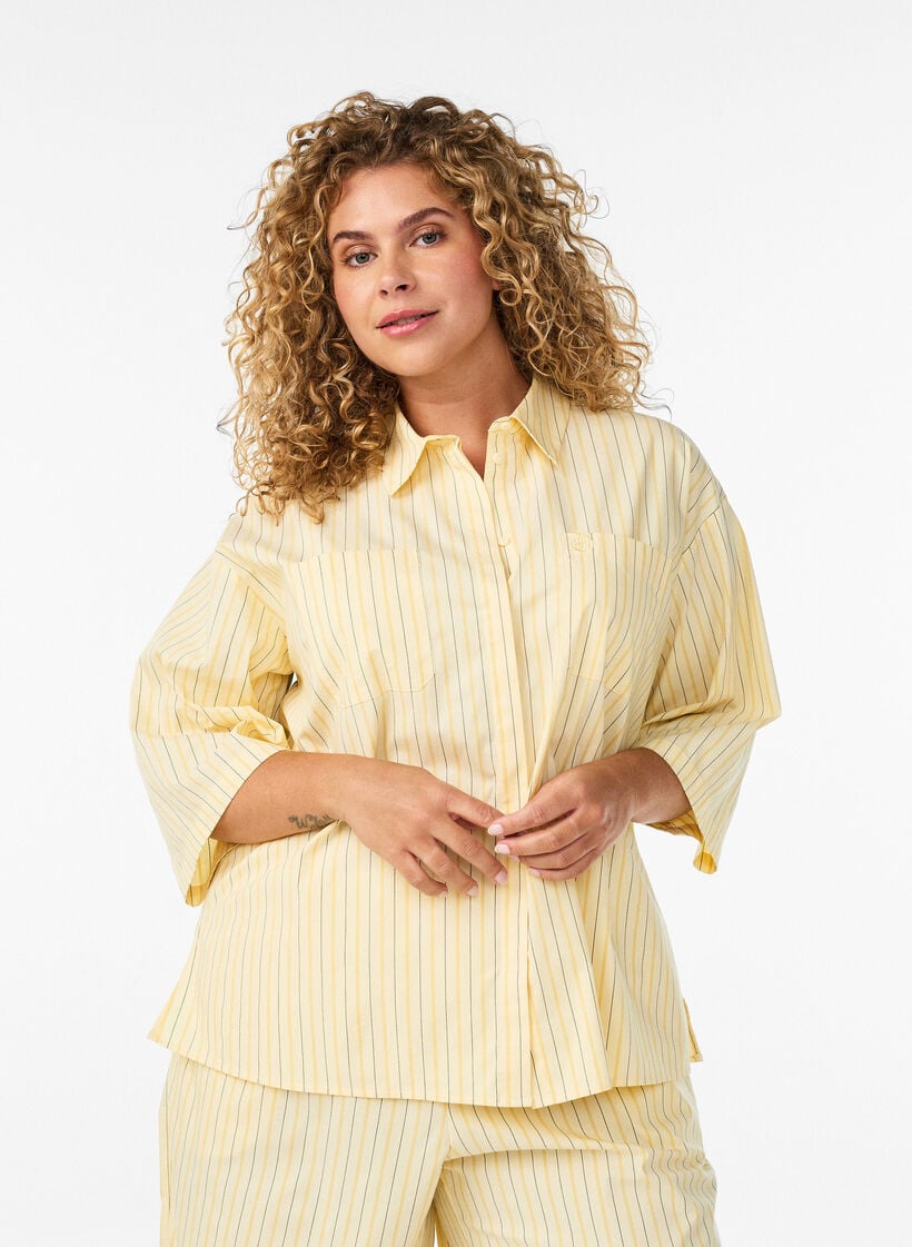Stripete bluse i en Loose fit, Gul, Model image number 0