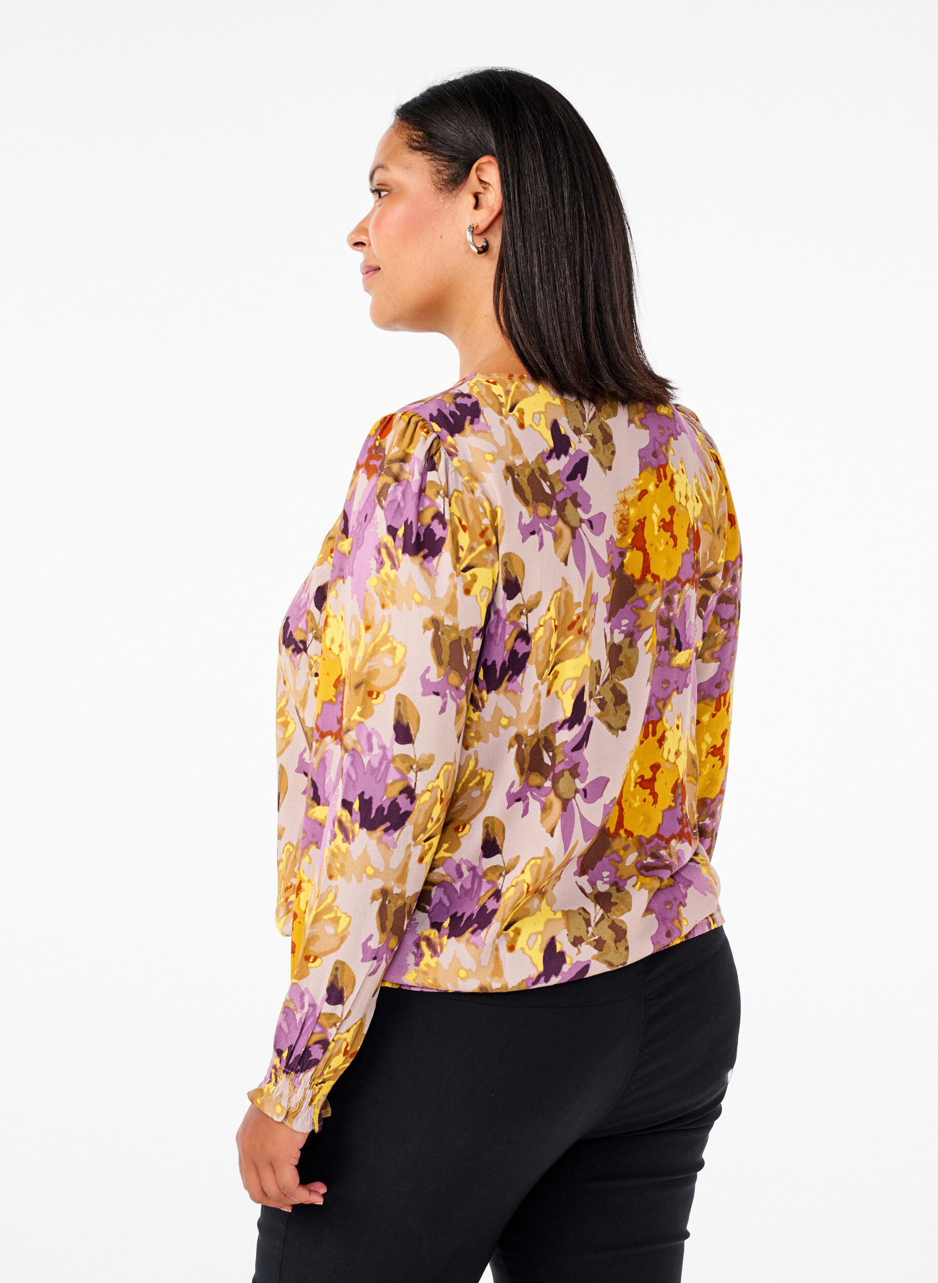 Zizzi Smockbluse med blomstertrykk, Purple Flower, Model image number 1