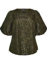Jacquard bluse med puffermer og A-linjeform, Gr&oslash;nn