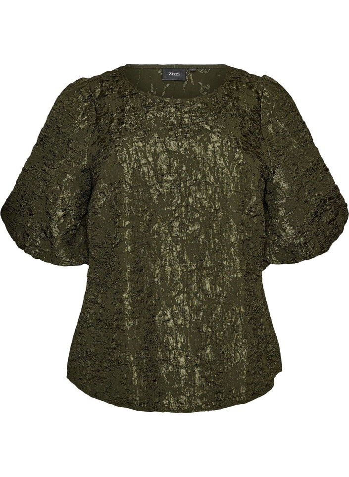 Jacquard bluse med puffermer og A-linjeform, Gr&oslash;nn, Packshot image number 0