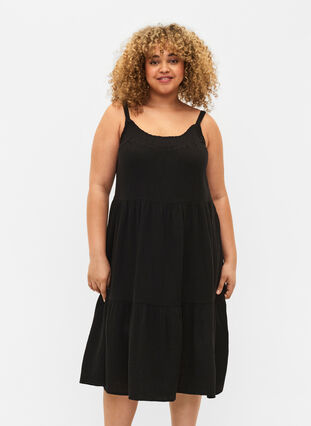 Ensfarget kjole i bomull med stropper, Black, Model image number 0