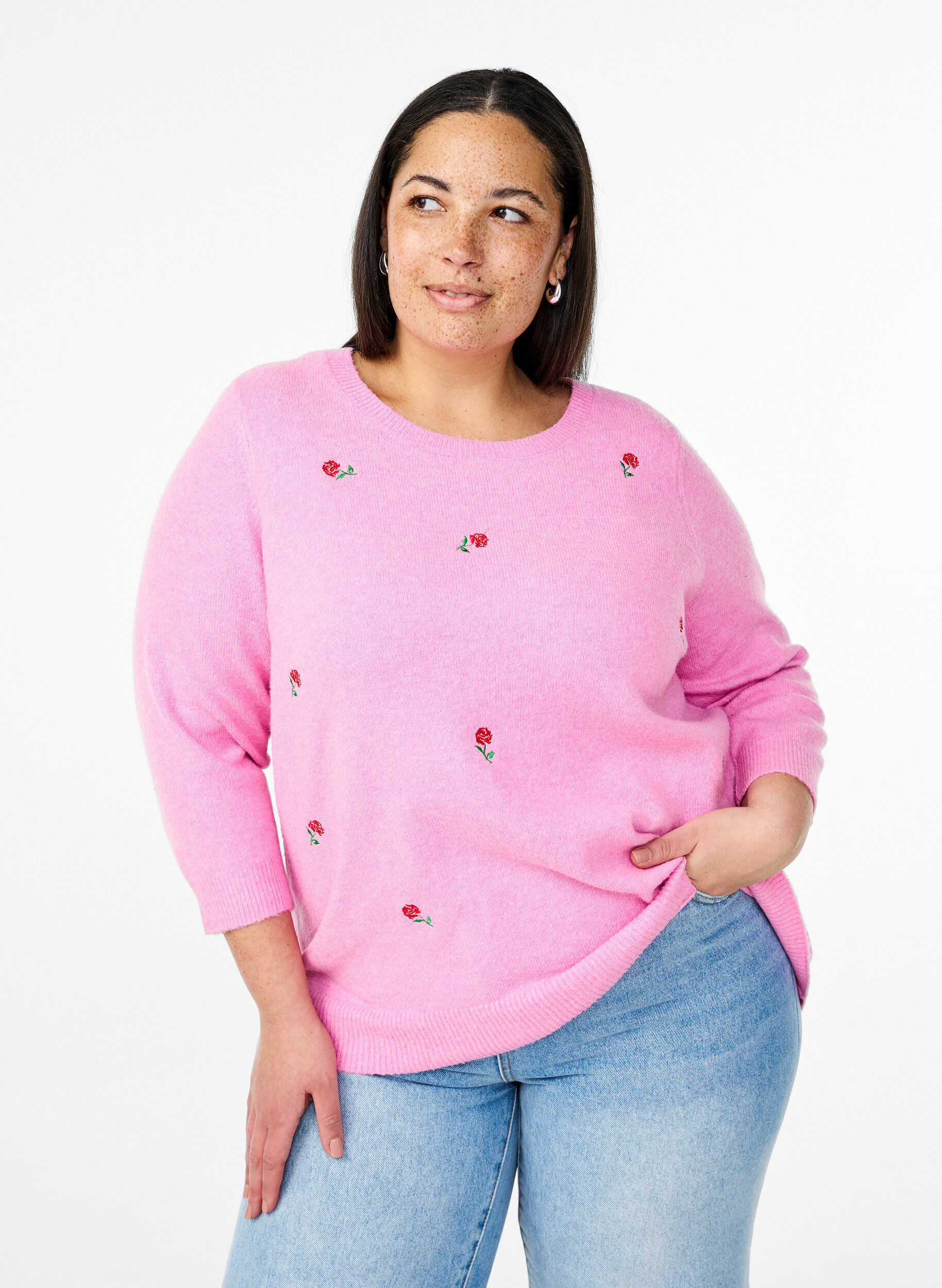 Zizzi Strikket bluse med blomster og 3/4 ermer, Begonia Pink Mel., Model image number 0