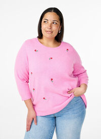 Strikket bluse med blomster og 3/4 ermer, Begonia Pink Mel. Strikket bluse med blomster og 3/4 ermer, Begonia Pink Mel., Model