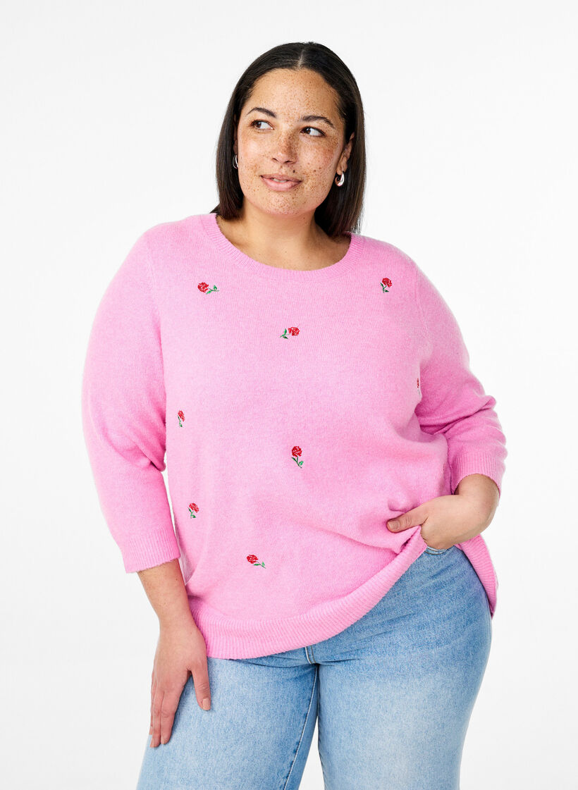 Strikket bluse med blomster og 3/4 ermer, Begonia Pink Mel., Model image number 0