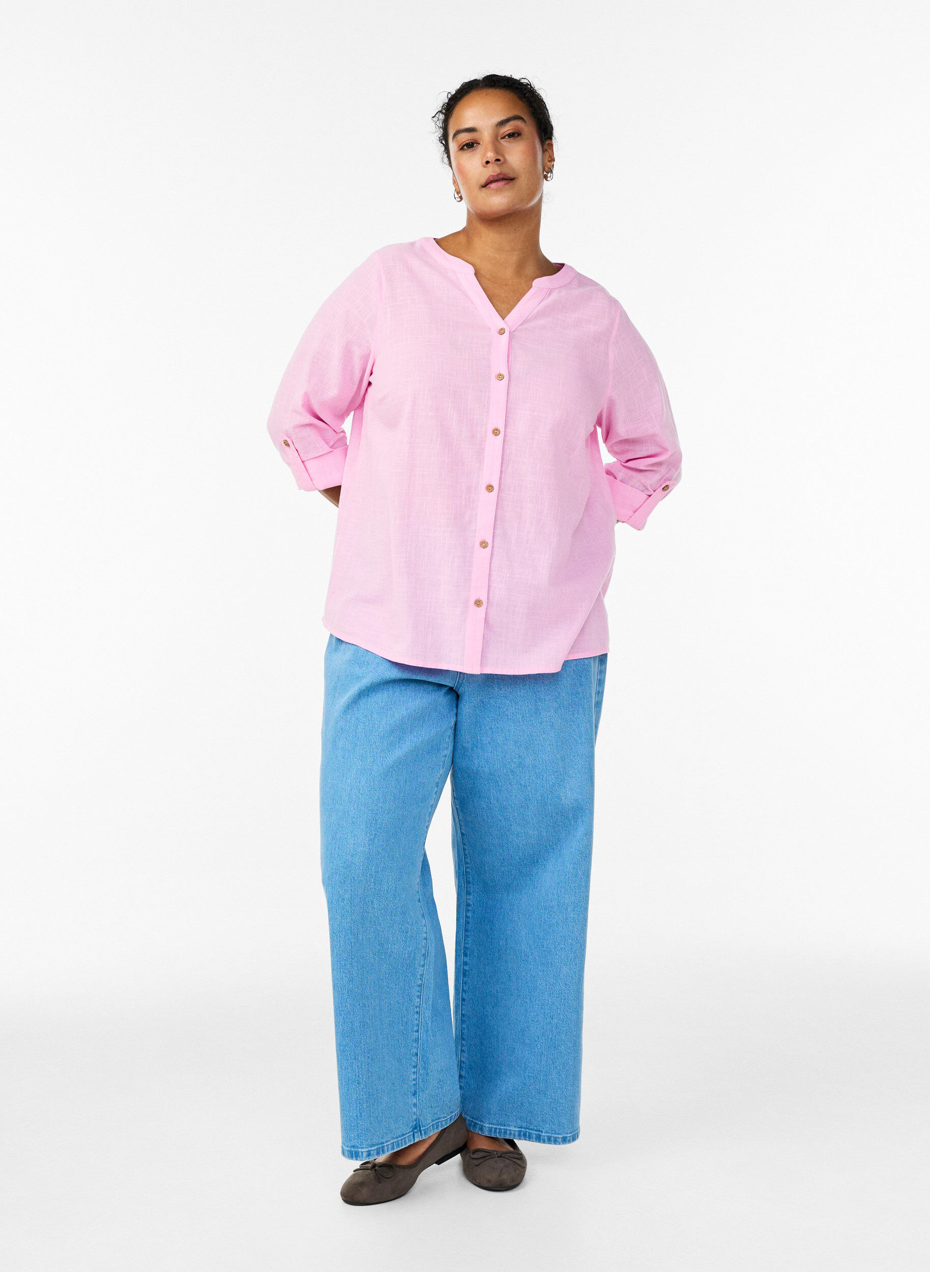 ZizziBluse i bomull med V-hals, Rosa, Model image number 1