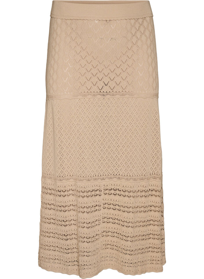 Strikket skj&oslash;rt med hullm&oslash;nster, Beige, Packshot image number 0