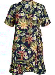 Blomstret omslagskjole med korte ermer, Bl&aring;