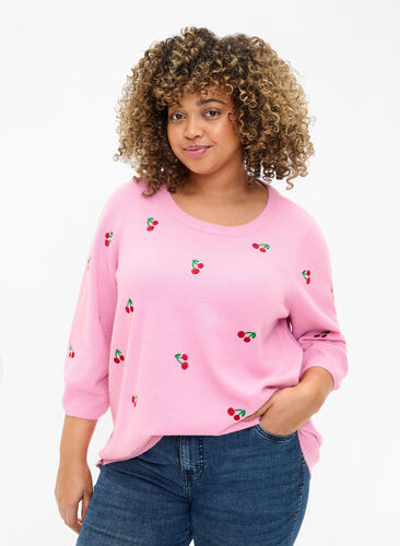 3/4-ermet strikket bluse med kirsebær, B.Pink/Wh.Mel/Cherry, Model image number 0