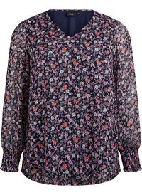 Bluse med blomstertrykk og glittertråd, Blå Bluse med blomstertrykk og glittertråd