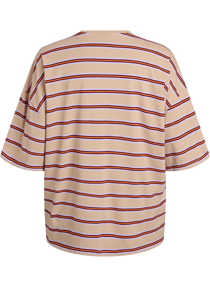 Oversized T-skjorte med striper og 1/2 ermer, Beige, Packshot image number 1