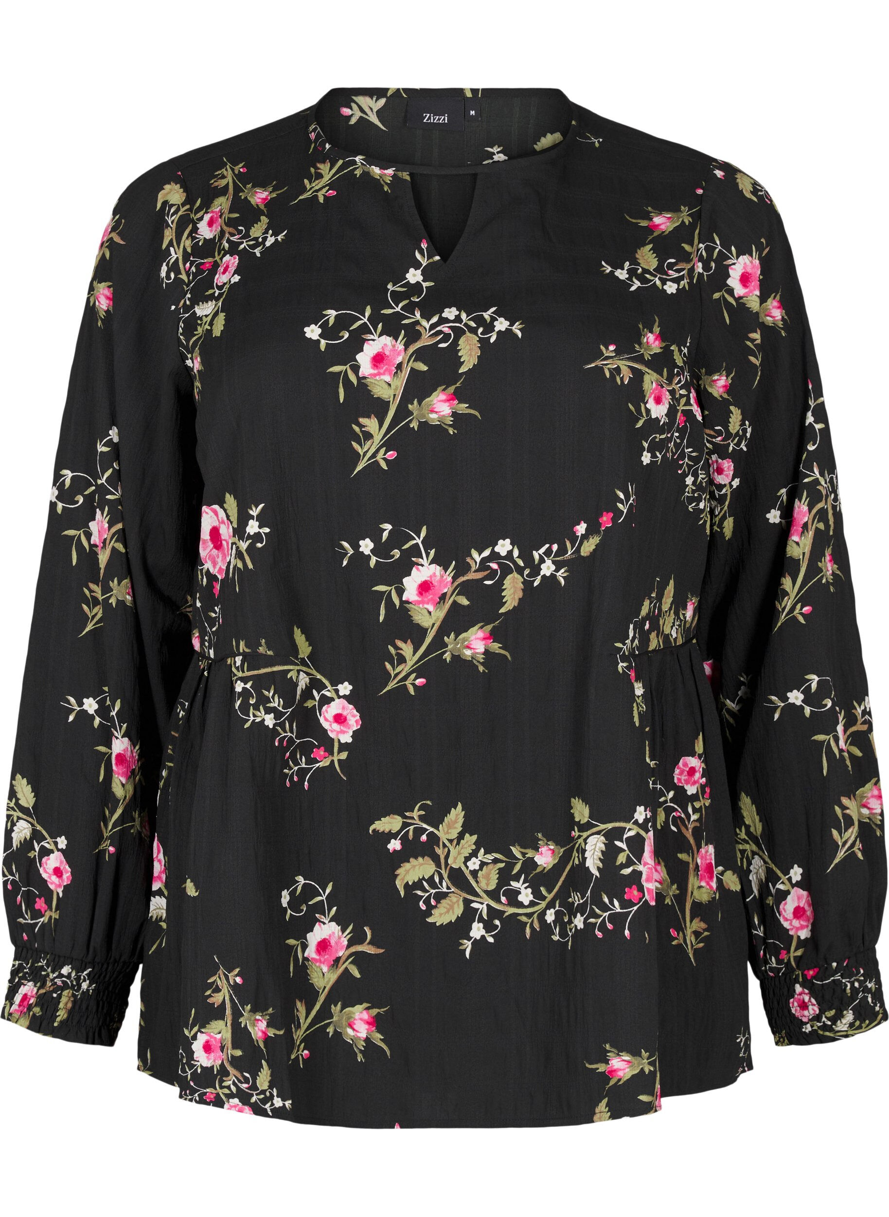 Zizzi Langermet bluse med blomstertrykk, Svart, Packshot image number 0