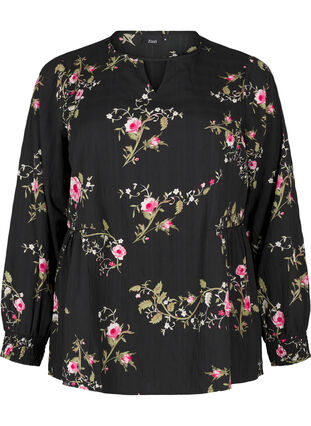 Zizzi Langermet bluse med blomstertrykk, Svart, Packshot image number 0
