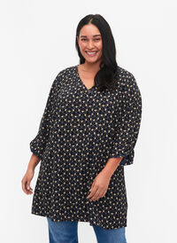 A-formet tunika med trykk, Blue Beige AOP, Model