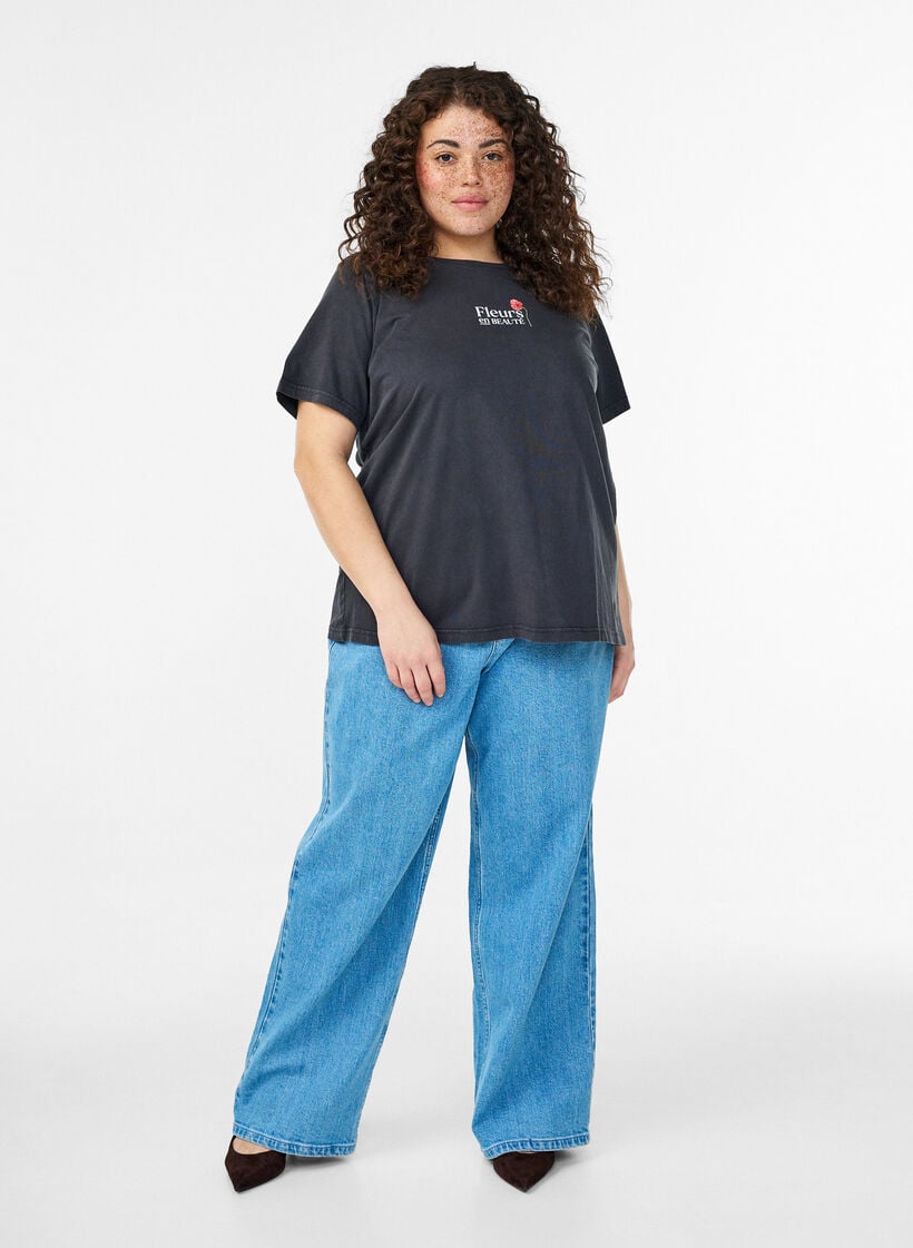 Bomulls T-skjorte med trykk foran og bak, Gr&aring;, Model image number 1