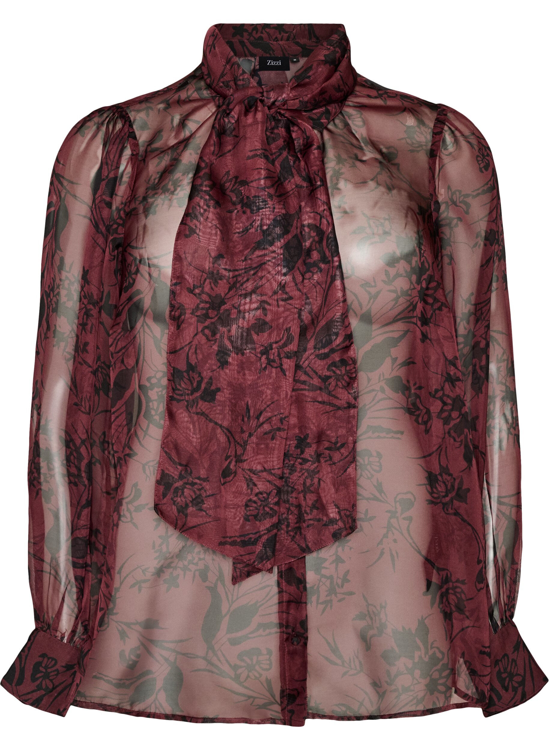 ZizziGjennomsiktig skjortebluse med blomsterm&oslash;nster og knytedetalj, M&oslash;rk Bordeaux, Packshot image number 0