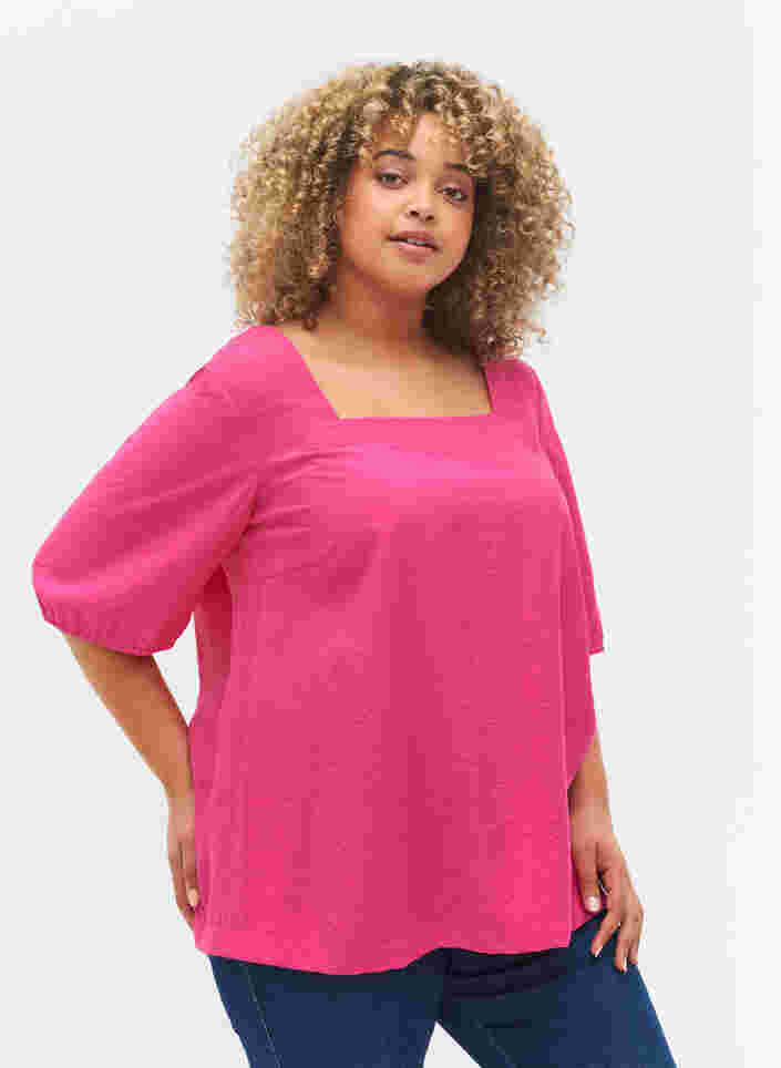 Bluse med ballongermer, Fuchsia Purple, Model